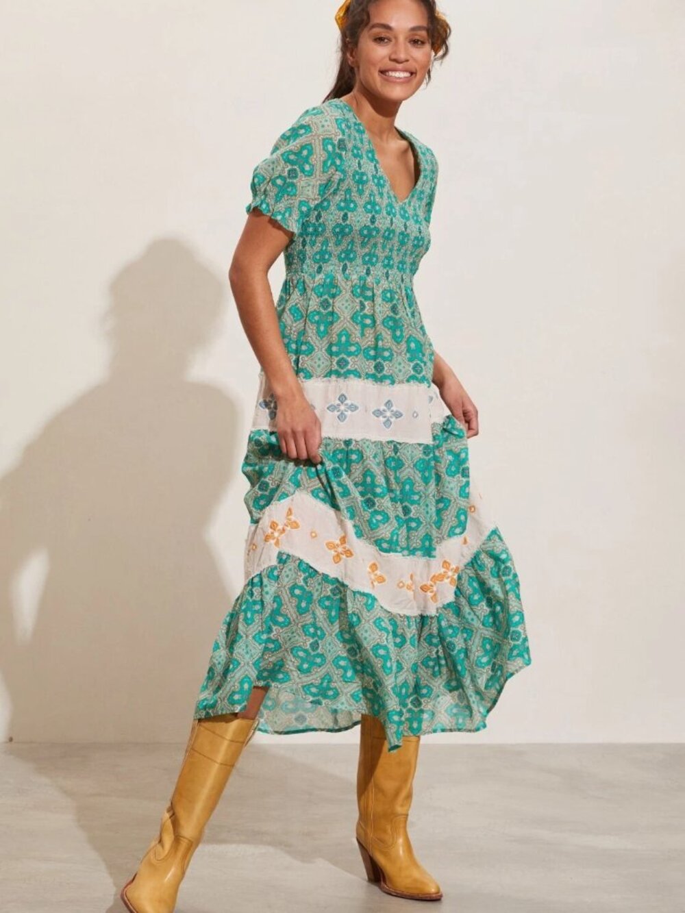 Odd Molly Anthropologie Day Printed Midi Dress Embroidered Smocked S
